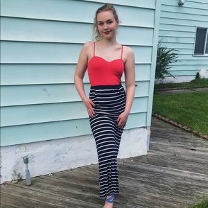 blue and white striped maxi skirt